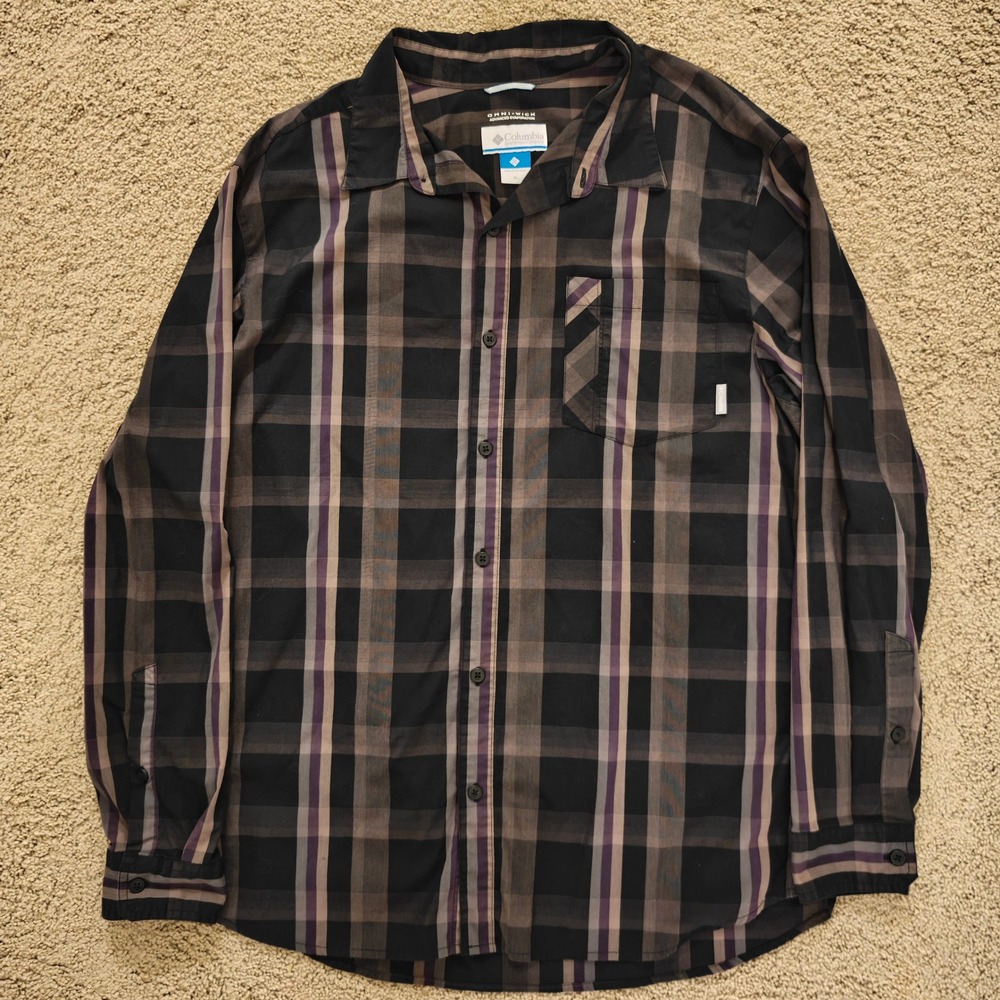 Columbia Omni-Wick Plaid Button Up Shirt Mens XL Black Purple Long Sleeve Hiking